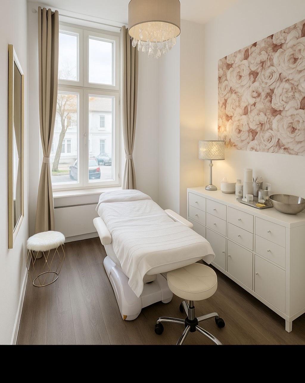 Behandlungsraum von Hautschimmer in Königs Wusterhausen mit Liege am Fenster und heller Kommode